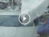 Way Too Close For Comfort — Falling Ice Block Smashes Into Car As Occupants Exit 
