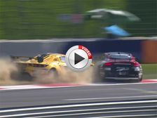 Two Supercars Lock Horn & End Up In The Wall Before Chequered Flag