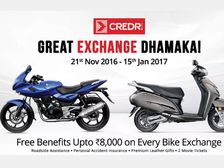 Welcome To 2017: Great Exchange Dhamaka Free Benefits Upto Rs 8000 on Every Bike