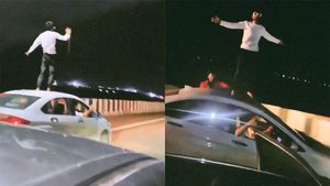 മെയ്ക്ക് എ സീനാണോ എന്തോ; ഓടിക്കൊണ്ടിരിക്കുന്ന കാറിൻ്റെ റൂഫിൽ ഡാൻസ് കളിച്ച് യുവാവ് അറസ്റ്റിൽ