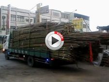 டிரக்கிலிருந்து மூங்கில் கட்டுகளை ஒரு மூச்சில் கீழே இறக்கும் டிரைவர்!