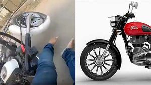 வேகமாக செல்லும்போது தானாக நொறுங்கிய அலாய் வீல்: ராயல் என்பீல்ட் பைக்கின் அதிர்ச்சி விபத்து வீடியோ...