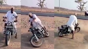 இந்த காலத்து ஜிம் பாடி பசங்களாலகூட இப்படி பண்ண முடியாது.. புல்லட் பைக்கை ஒரு சுத்து சுத்தியெடுத்துட்டாரு!!
