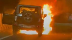 Mahindra Thar Catches Fire While Driving: Video Shows Mahindra Thar Burning To A Crisp