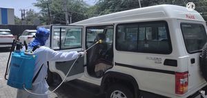 ವೈರಸ್ ಭೀತಿ: ಪೊಲೀಸ್ ವಾಹನಗಳಿಗೆ ಸ್ಯಾನಿಟೈಜ್ ಸರ್ವೀಸ್ ಒದಗಿಸಿದ ಎಂಜಿ ಮೋಟಾರ್