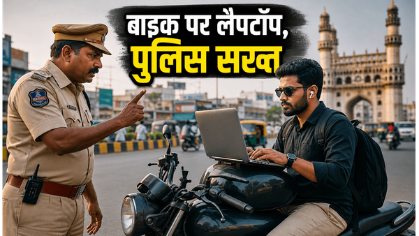 'वर्क फ्रॉम बाइक' का खतरनाक स्टंट: हैदराबाद में वायरल वीडियो पर पुलिस की सख्त चेतावनी