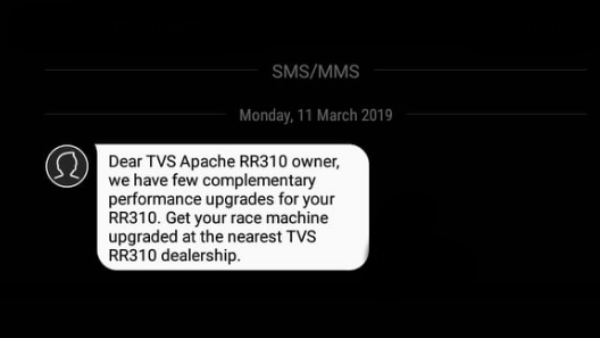 TVS ने APACHE RR310 को फ्री में अपग्रेड करने की पेशकश की TVS ने APACHE RR310 को फ्री में अपग्रेड करने की पेशकश की