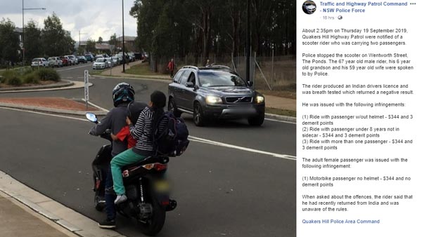 ऑस्ट्रेलिया में भारतीय दम्मपत्ती ने भरा 66,000 रुपयें से अधिक का चालान, कर रहे थे ट्रिपल राइडिंग