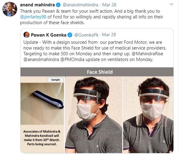 महिंद्रा कोरोना वायरस फेस शील्ड का निर्माण शुरू जानकारी