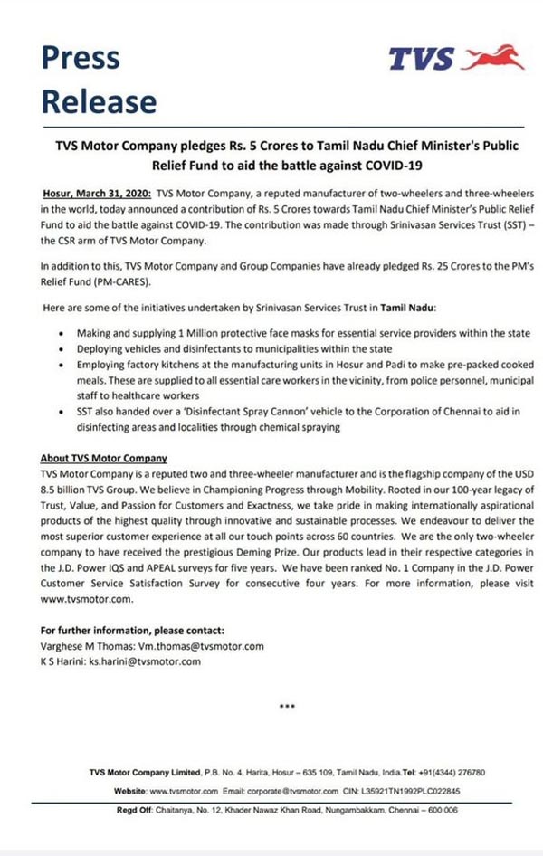 टीवीएस मोटर ने तमिलनाडु मुख्यमंत्री रहत कोष में दान किये 5 करोड़ रुपये