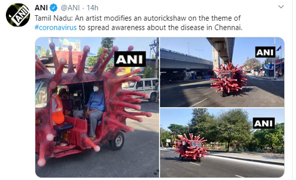 ऑटो रिक्शा कोरोना वायरस थीम पर तैयार चेन्नई जानकारी