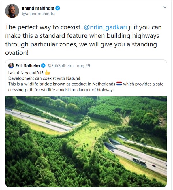 आनंद महिंद्रा ने वन्यजीवों के लिए विशेष हाईवे निर्माण का दिया सुझाव, नितिन गडकरी ने दिया जवाब आनंद महिंद्रा ने वन्यजीवों के लिए विशेष हाईवे निर्माण का दिया सुझाव, नितिन गडकरी ने दिया जवाब