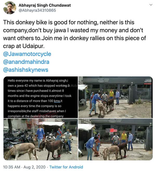 Jawa Owner Brings Donkeys Outside Delearship: जावा ओनर डीलरशिप के सामने लाया गधा, जानें क्या है कारण Jawa Owner Brings Donkeys Outside Delearship: जावा ओनर डीलरशिप के सामने लाया गधा, जानें क्या है कारण