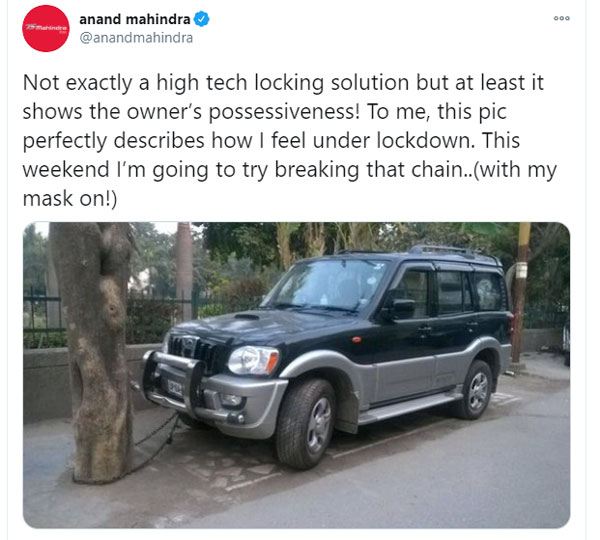 आनंद महिंद्रा ने इस कार के माध्यम से बताई लॉकडाउन की अपनी पीड़ा आनंद महिंद्रा ने इस कार के माध्यम से बताई लॉकडाउन की अपनी पीड़ा