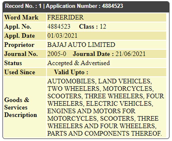 Bajaj Auto ने नए ‘Freerider’ नाम को कराया ट्रेडमार्क, हो सकती है नई Electric Motorcycle