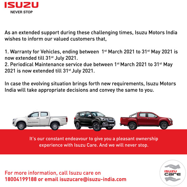 Isuzu Extends Warranty And Service: इसुजु मोटर्स इंडिया ने वारंटी व सर्विस पीरियड 31 जुलाई तक बढ़ाया गया