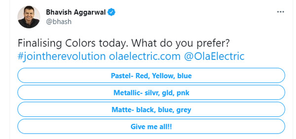 आप किस रंग में चाहते हैं अपनी ओला इलेक्ट्रिक स्कूटर, कंपनी ने मांगा है लोगों से सुझाव