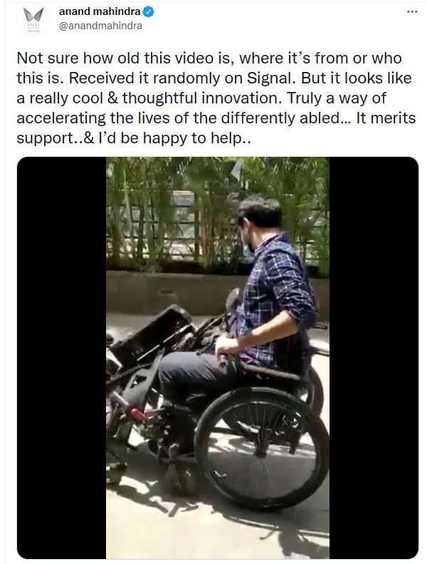 इलेक्ट्रिक व्हील चेयर के इनोवेशन से हुए प्रभावित हुए आनंद महिंद्रा, की मदद की पेशकश
