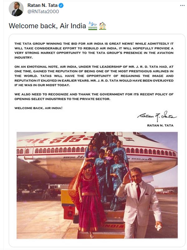 टाटा की झोली में 68 साल बाद वापस आई Air India, रतन टाटा ने कहा - ‘वेलकम बैक’
