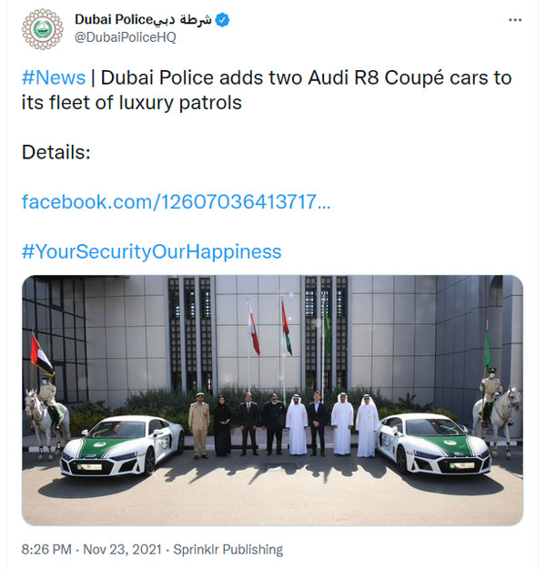 Dubai Police के बेड़े में शामिल हुईं दो Audi R8 Coupe सुपरकार, सामने आईं तस्वीरें