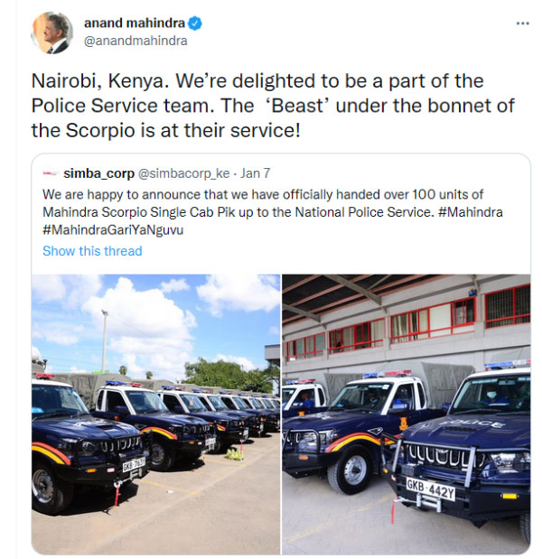 Mahindra Scorpio ने Nairobi Police सेवा में बनाई जगह, Anand Mahindra ने साझा की तस्वीरें