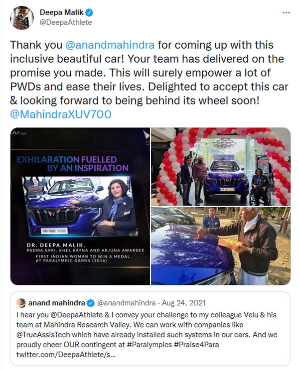 पैरालंपिक Deepa Malik को मिली मॉडिफाइ़ड Mahindra XUV700, Tweet कर किया शुक्रिया