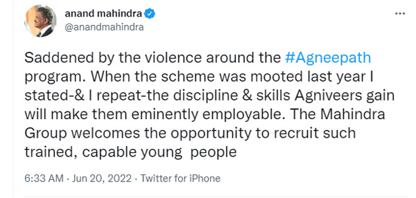 ‘अग्निवीरों’ के रिटायर होने पर Mahindra देगी उन्हें नौकरी, Anand Mahindra ने किया ट्वीट