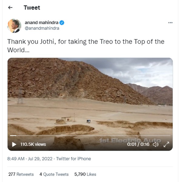 महिंद्रा ट्रियो इलेक्ट्रिक ऑटो रिक्शा पहुंची खार्दुंगा ला पास, आनंद महिंद्रा ने दी ऐसी प्रतिक्रिया