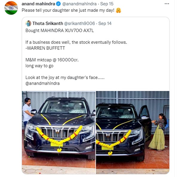 ग्राहक ने खरीदी एक्सयूवी700, आनंद महिंद्रा से साझा की परिवार की खुशी