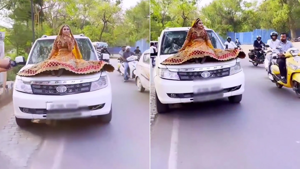 दुल्हन बनकर कार के बोनट पर बैठ बना रही थी वीडियो, लगा भारी फाइन दुल्हन बनकर कार के बोनट पर बैठ बना रही थी वीडियो, लगा भारी फाइन