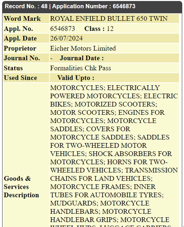 Royal Enfield Bullet 650 Trademarked