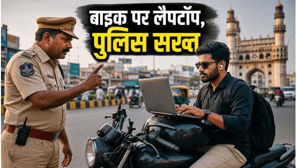 Hyderabad Viral Video: Man Working on Laptop While Riding Bike Faces Police Action 2026