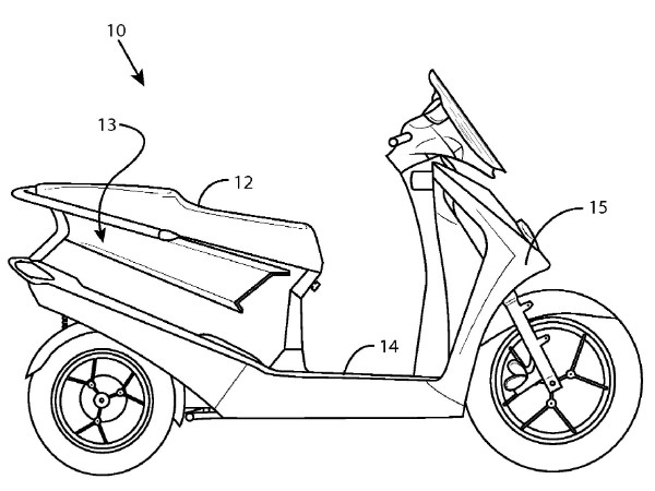A side view of a ridden vehicle, being a scooter