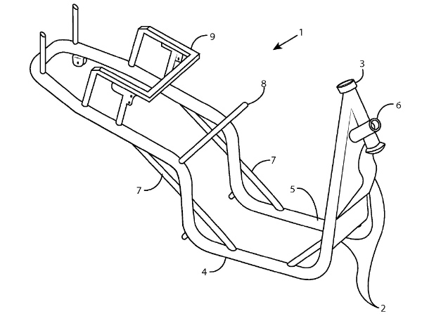 A perspective view of a frame for a ridden vehicle, being a scooter