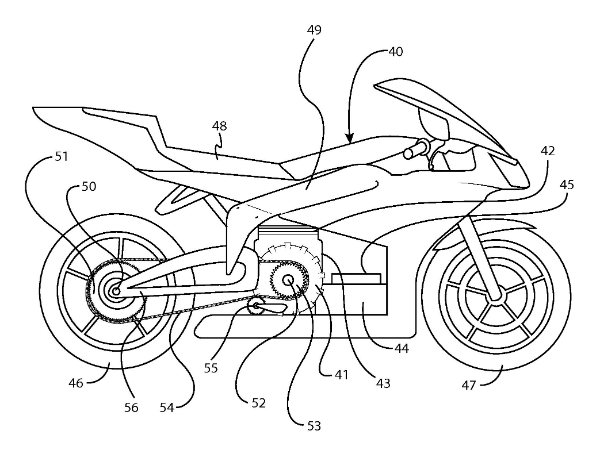 A side view of another embodiment of a ridden vehicle, being a motorcycle