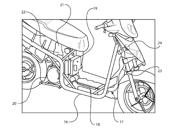 A partial perspective view of a ridden vehicle, being a scooter