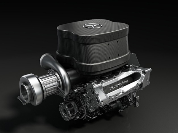 A Mercedes turbo V6 Formula 1 engine