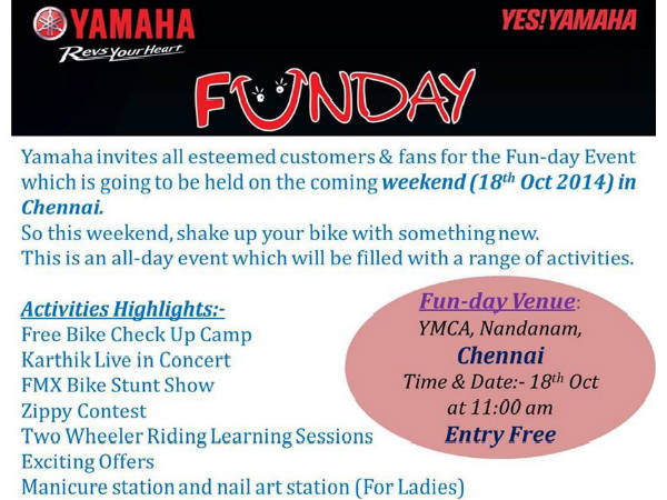 Yamaha India Organises Fun-Day Event On 18th October In Chennai details
