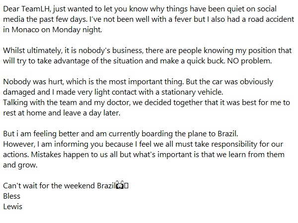 lewis hamilton monaco accident statement