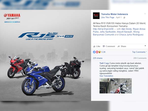 Yamaha R15 Version 3.0 Sold Out In Mere 20 Minutes In Indonesia