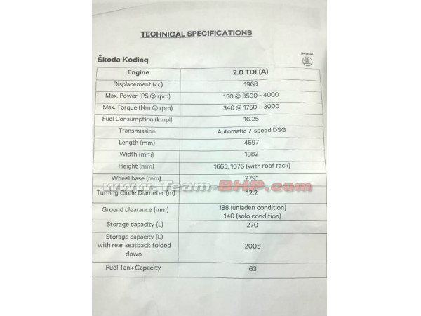 India-Spec Skoda Kodiaq Technical Details Leaked