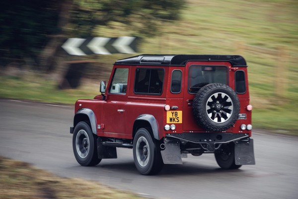 land rover defender works v8 rear three quarter