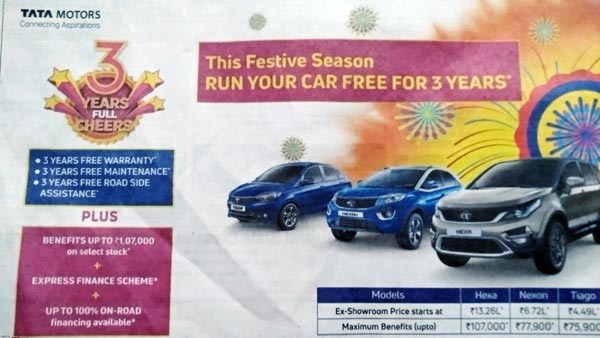 Tata Nexon, Hexa, Tiago, Tigor available with 3 Years/ 40,000Kms Free Monsoon Maintenance Offer