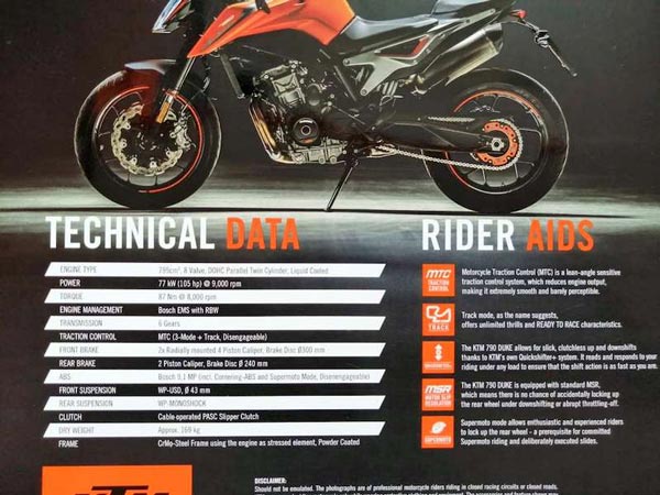KTM 790 Duke Engine, Brakes, Suspension & Riding Aids Details Leaked