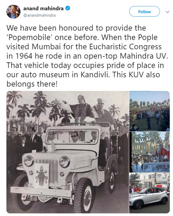 Pope Francis Travels In A Mahindra KUV100 In Mozambique: Anand Mahindra Tweets About The Proud Moment