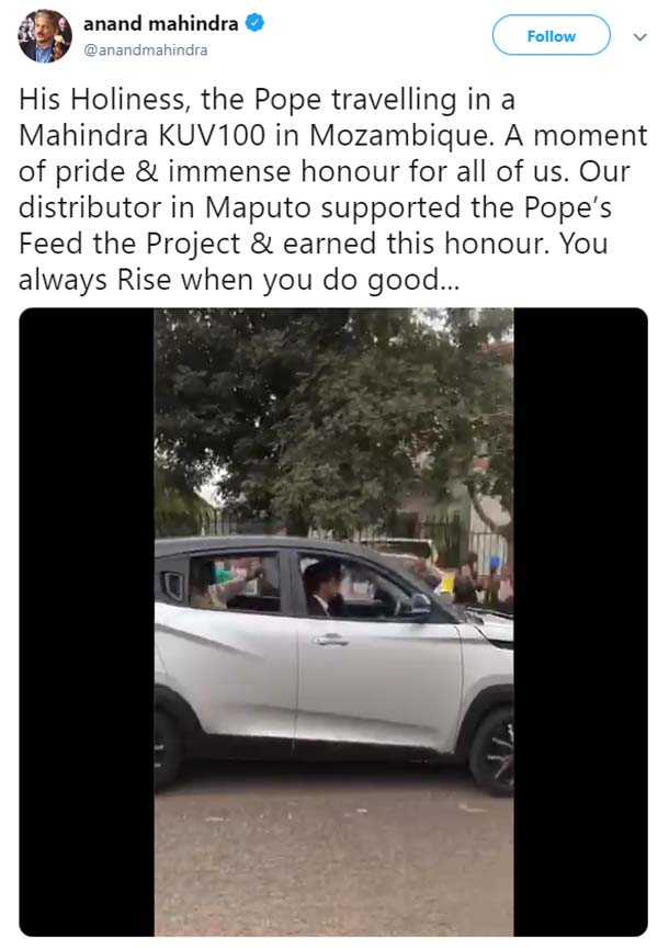 Pope Francis Travels In A Mahindra KUV100 In Mozambique: Anand Mahindra Tweets About The Proud Moment