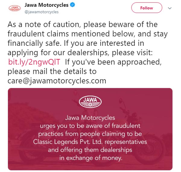Jawa Motorcycles Dealership Scam: Jawa Cautions Enthusiasts Against Fraudsters