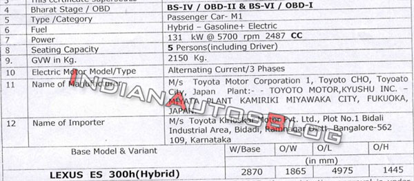 New Lexus ES 300h BS-VI Specs Leaked Ahead Of India Launch
