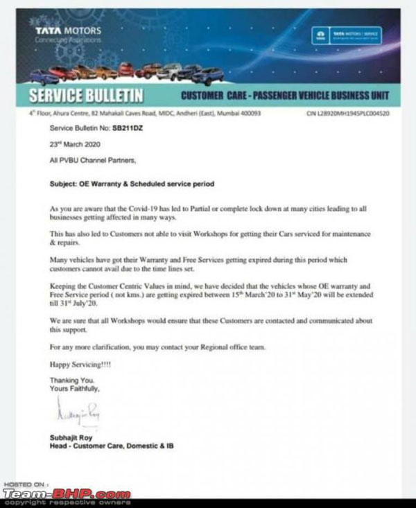 Tata Car Services & Warranty Schemes Extended Till 31st July Amidst Coronavirus Lockdown In India