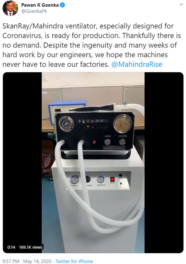 Mahindra High-Spec Ventilators Ready For Production :To Treat Covid-19 Patients Mahindra High-Spec Ventilators Ready For Production :To Treat Covid-19 Patients